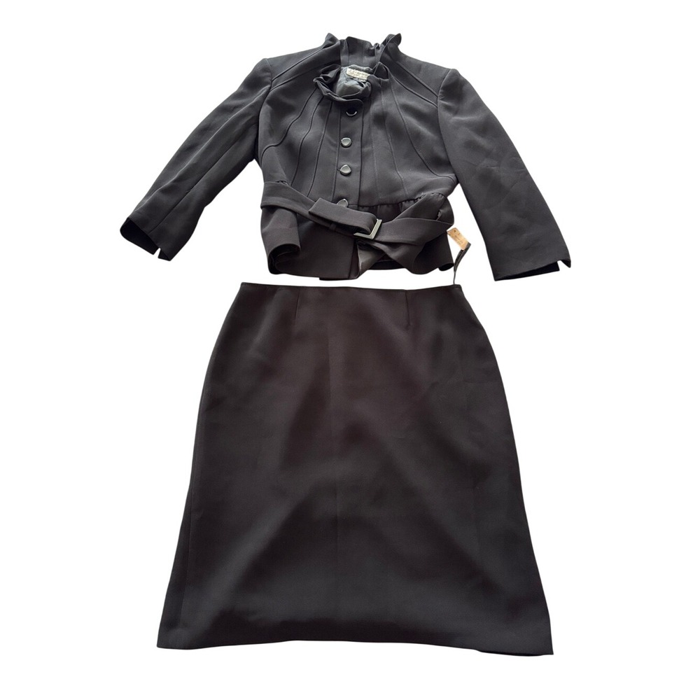 Tahari Arthur S. Levine Black 2 Piece Skirt Suit Sz 12 Ruffle Collar Belt Jacket